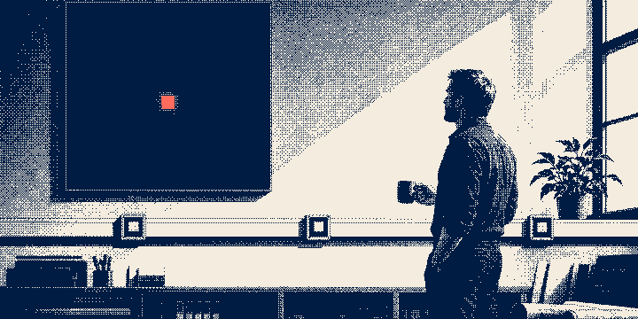 The same office calm and ordered: an owner with a coffee mug reads a single bright mark on one wall panel, printed as a one-bit dithered plate