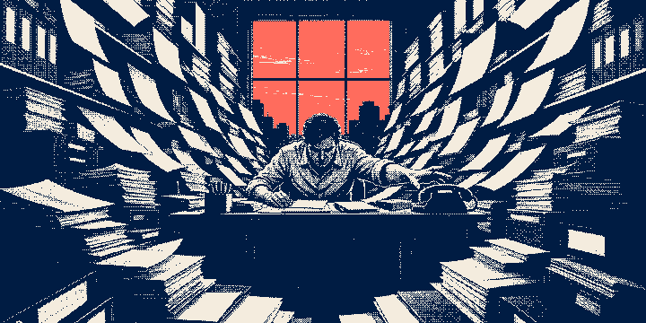 An office at dusk, streams of paperwork converging from every side on one overwhelmed person at a desk, printed as a one-bit dithered plate